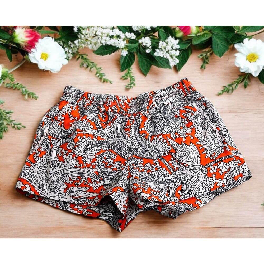 J.Crew Orange Paisley Shorts Sz 2 Linen Blend Side Pockets 3" Inseam Elastic